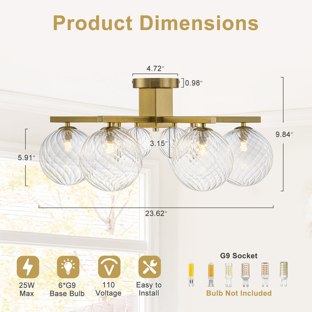 6 Light Twisted Glass Flush Mount Chandelier Modern Ceiling Light - product image 4 | Zenvolit