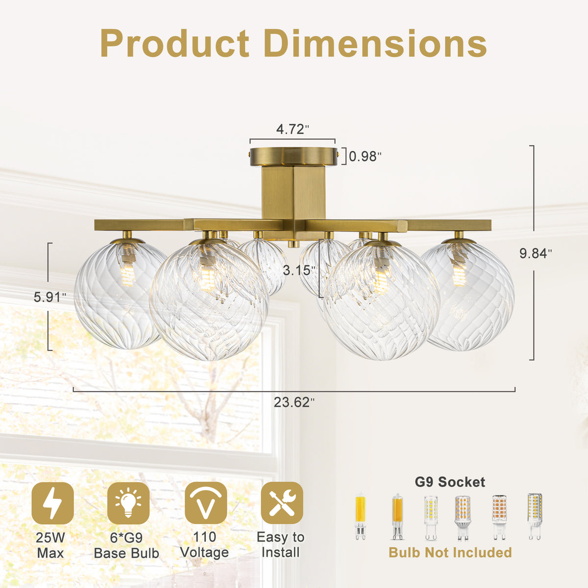 6 Light Twisted Glass Flush Mount Chandelier Modern Ceiling Light - product image 4 | Zenvolit