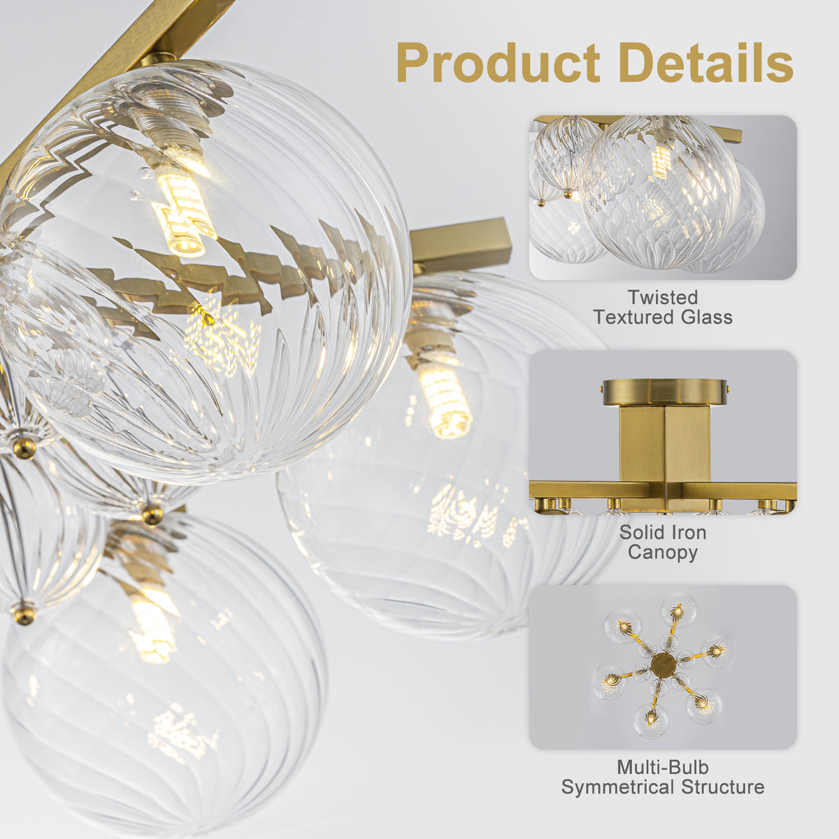 6 Light Twisted Glass Flush Mount Chandelier Modern Ceiling Light - product image 5 | Zenvolit