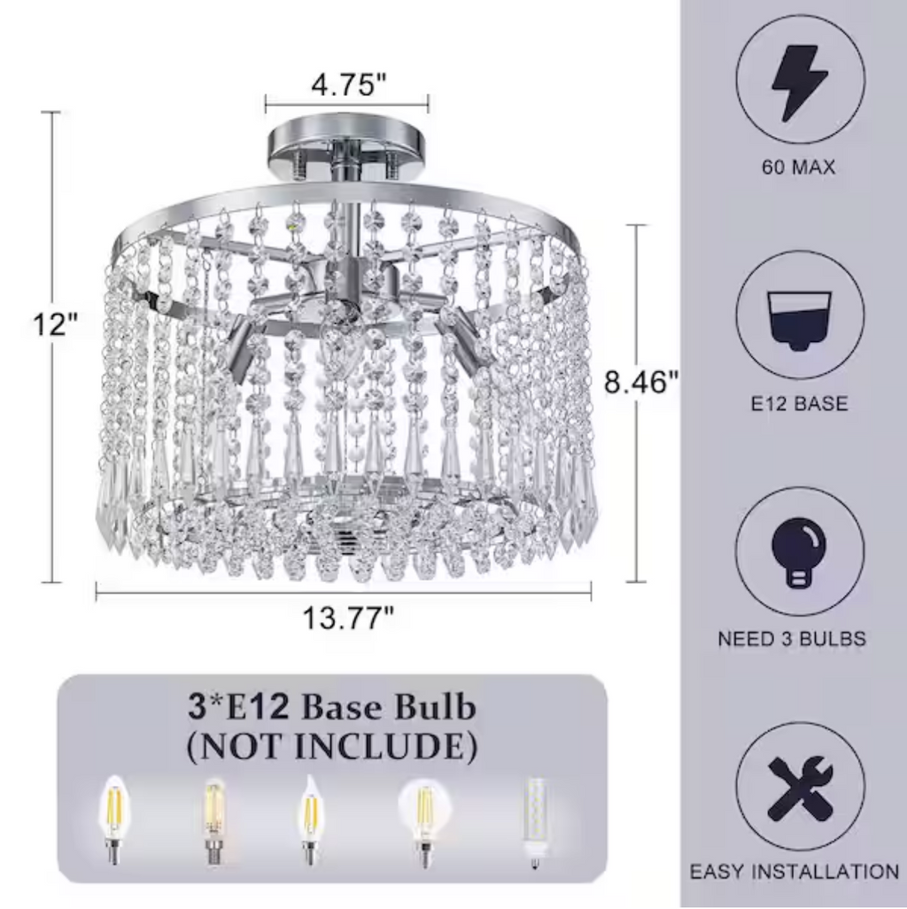 13.8 in. 3-Light Modern Small Chrome Drum Semi-Flush Mount Ceiling Light with Beaded Crystal Shade for Kitchen