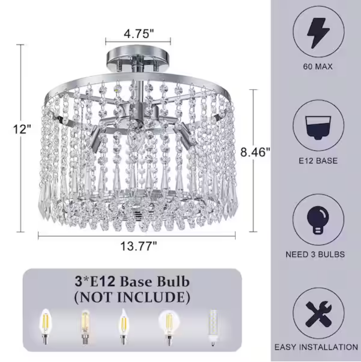 13.8 in. 3-Light Modern Small Chrome Drum Semi-Flush Mount Ceiling Light with Beaded Crystal Shade for Kitchen