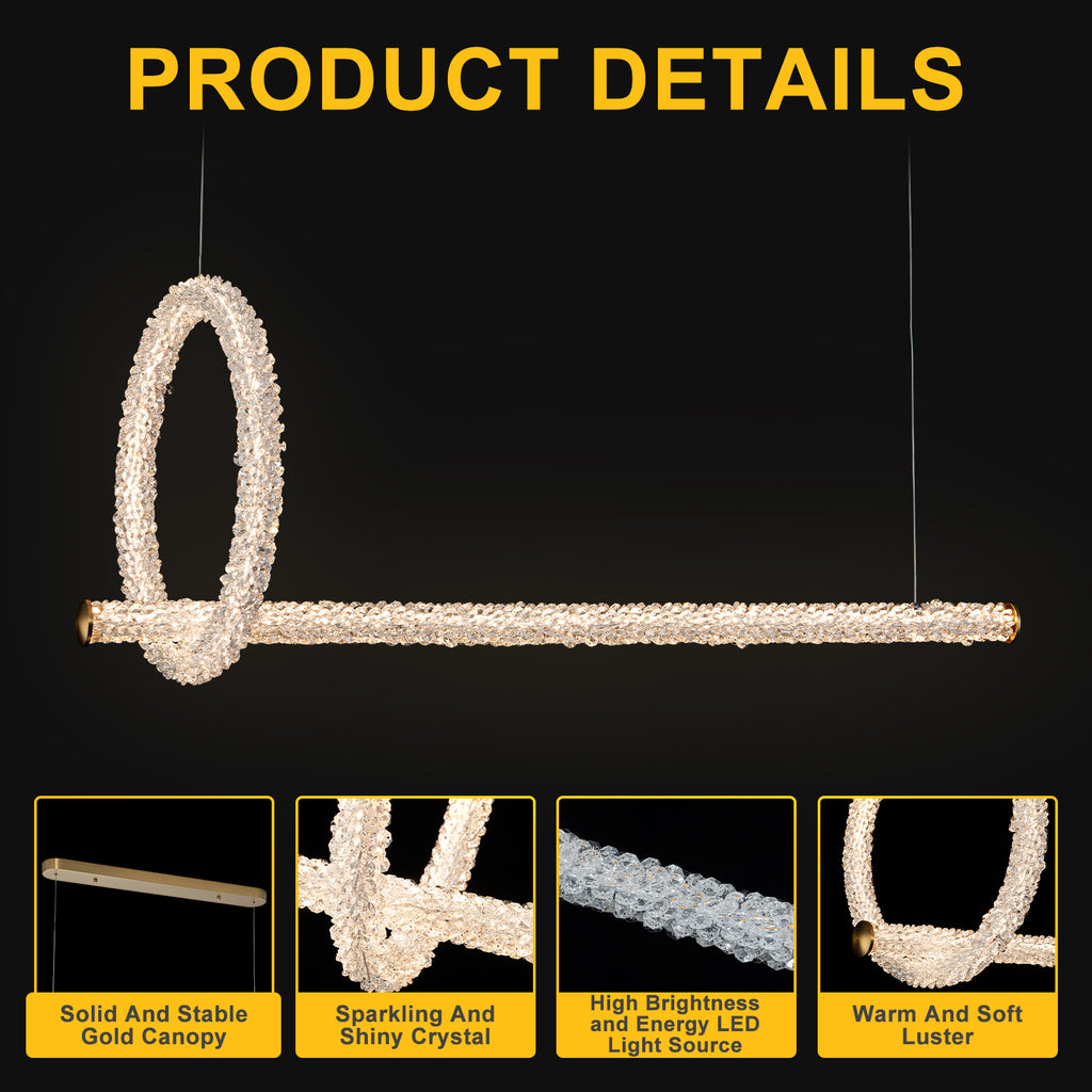 2-Light Modern Luxury Gold Ring & Bar Dimmable Integrated LED Chandelier Pendant Light with Crystal for Dining Room