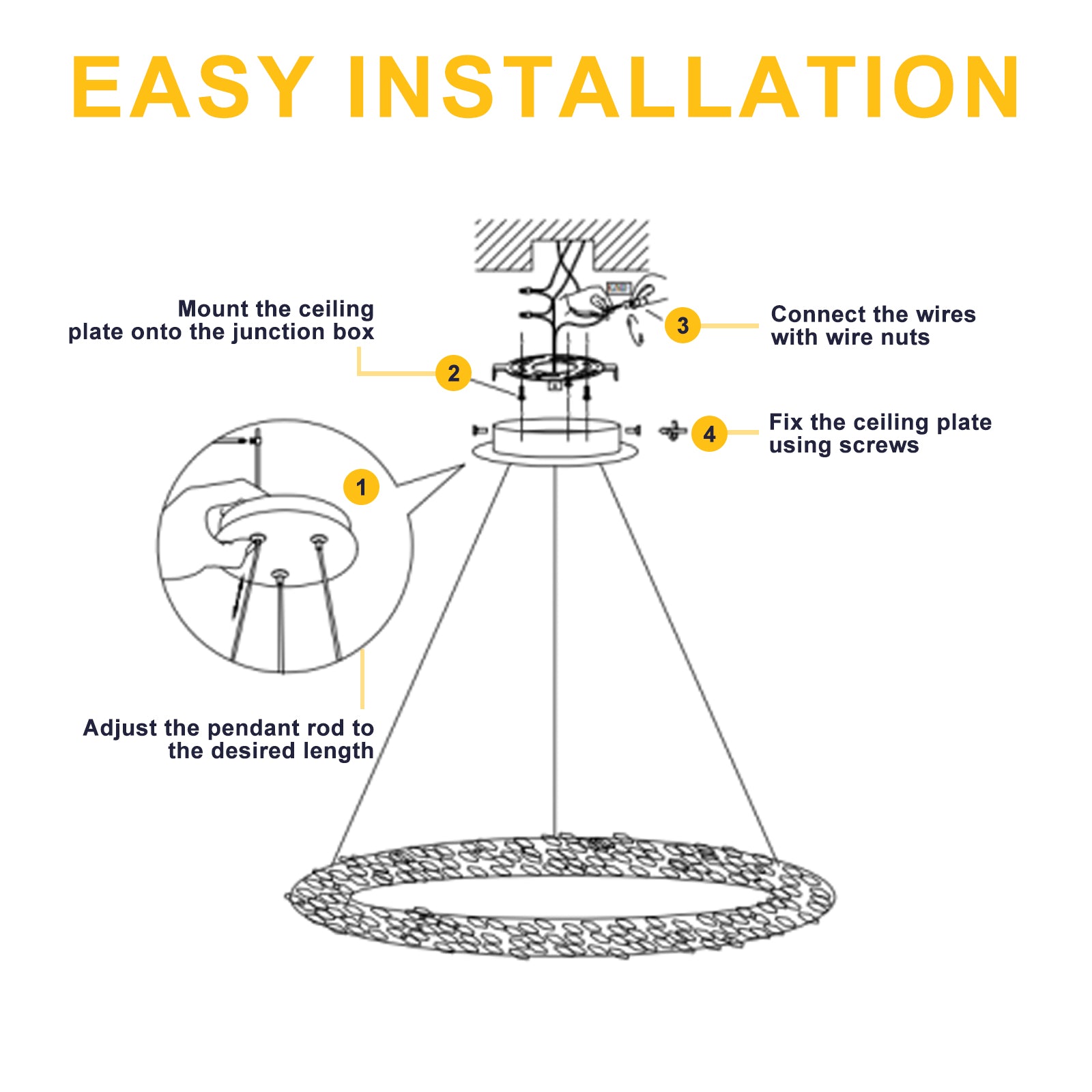 1-Light Modern Gold Metal Ring Crystal Integrated LED Pendant Light Dimmable Chandelier for Dining Room