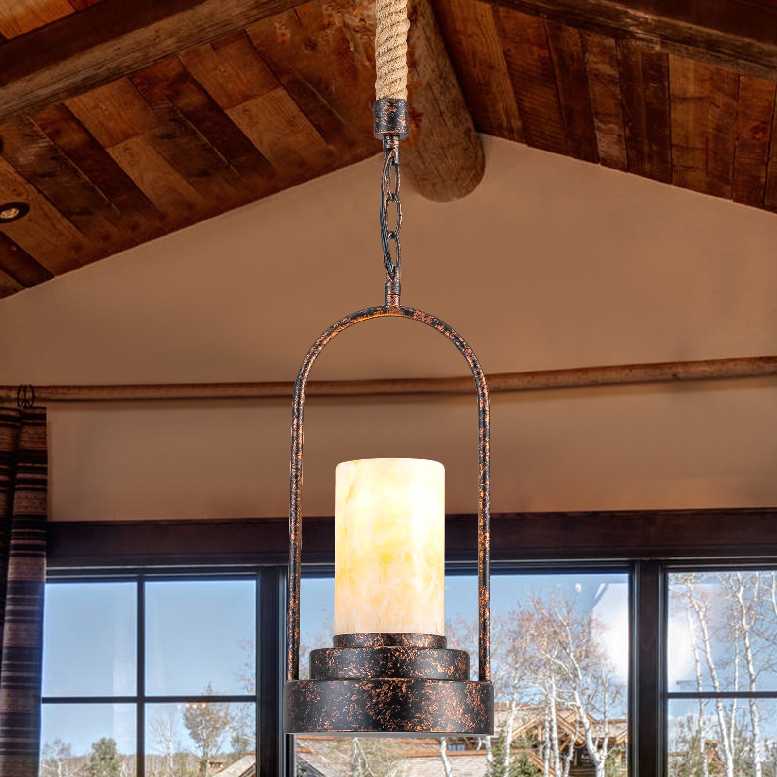 6.69 in. 1-Light Vintage Industrial U-Shaped Iron Pendant Light with Natural Onyx Shade