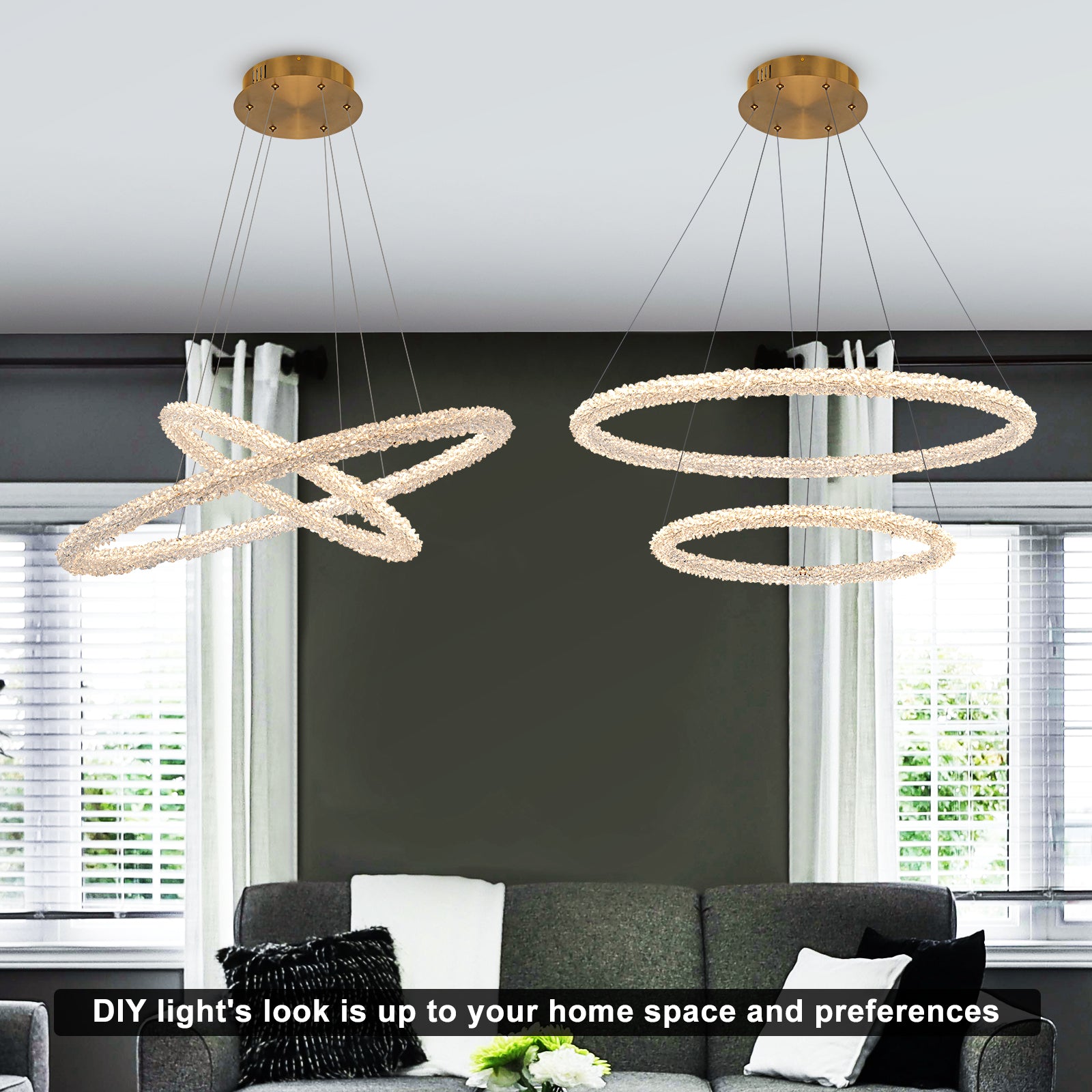 2-Light Modern Gold Double Ring Dimmable Integrated LED Chandelier Tiered Pendant Light with Crystal for Dining Room