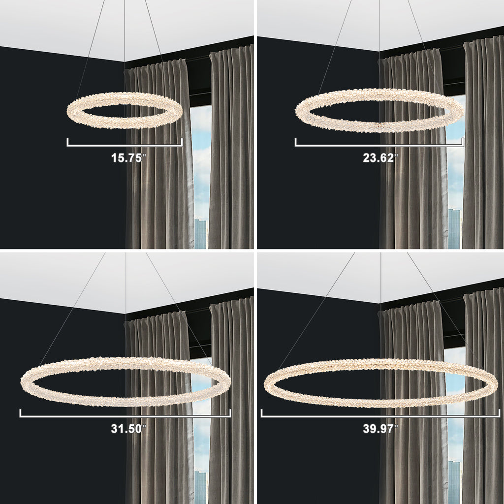 1-Light Modern Gold Metal Ring Crystal Integrated LED Pendant Light Dimmable Chandelier for Dining Room