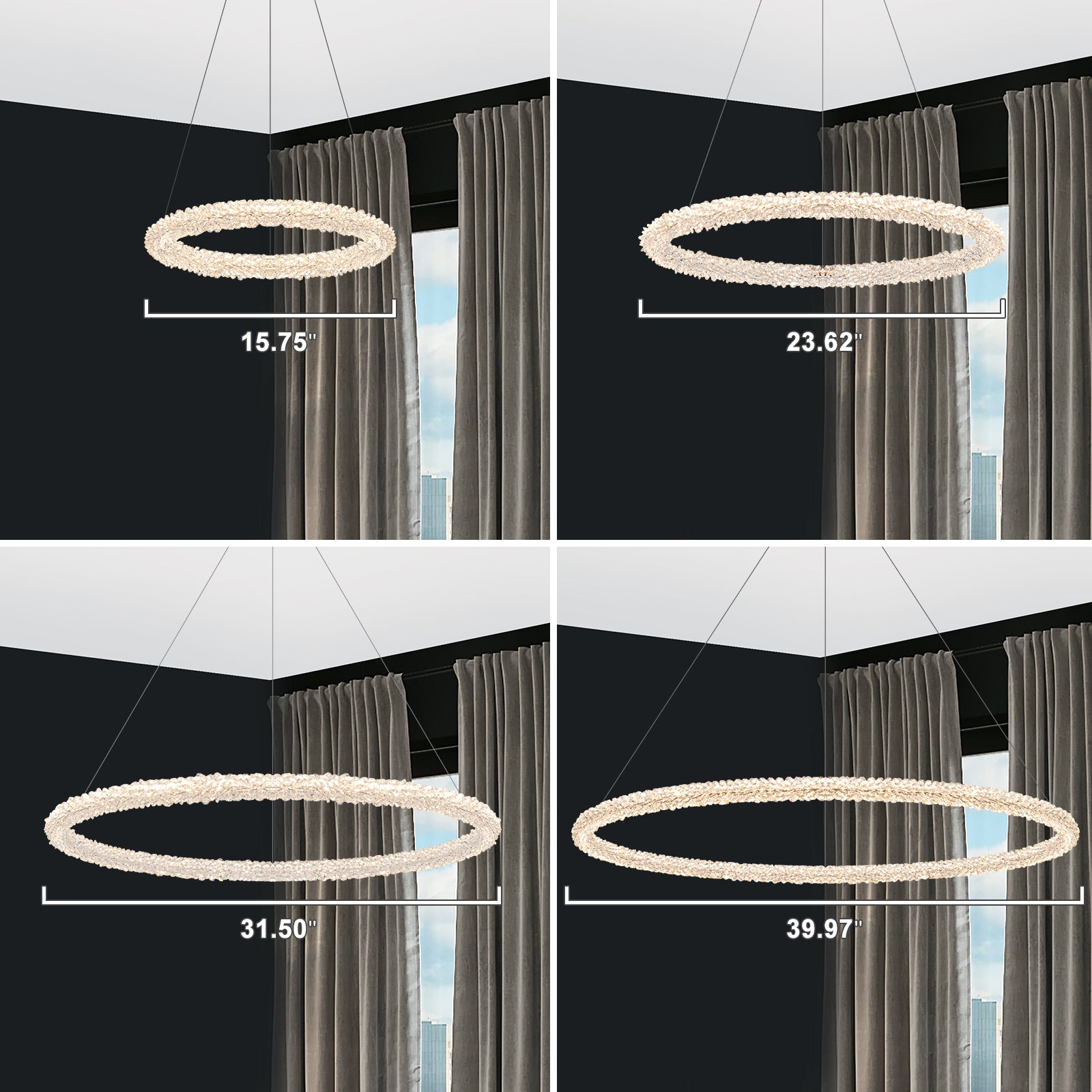 1-Light Modern Gold Metal Ring Crystal Integrated LED Pendant Light Dimmable Chandelier for Dining Room