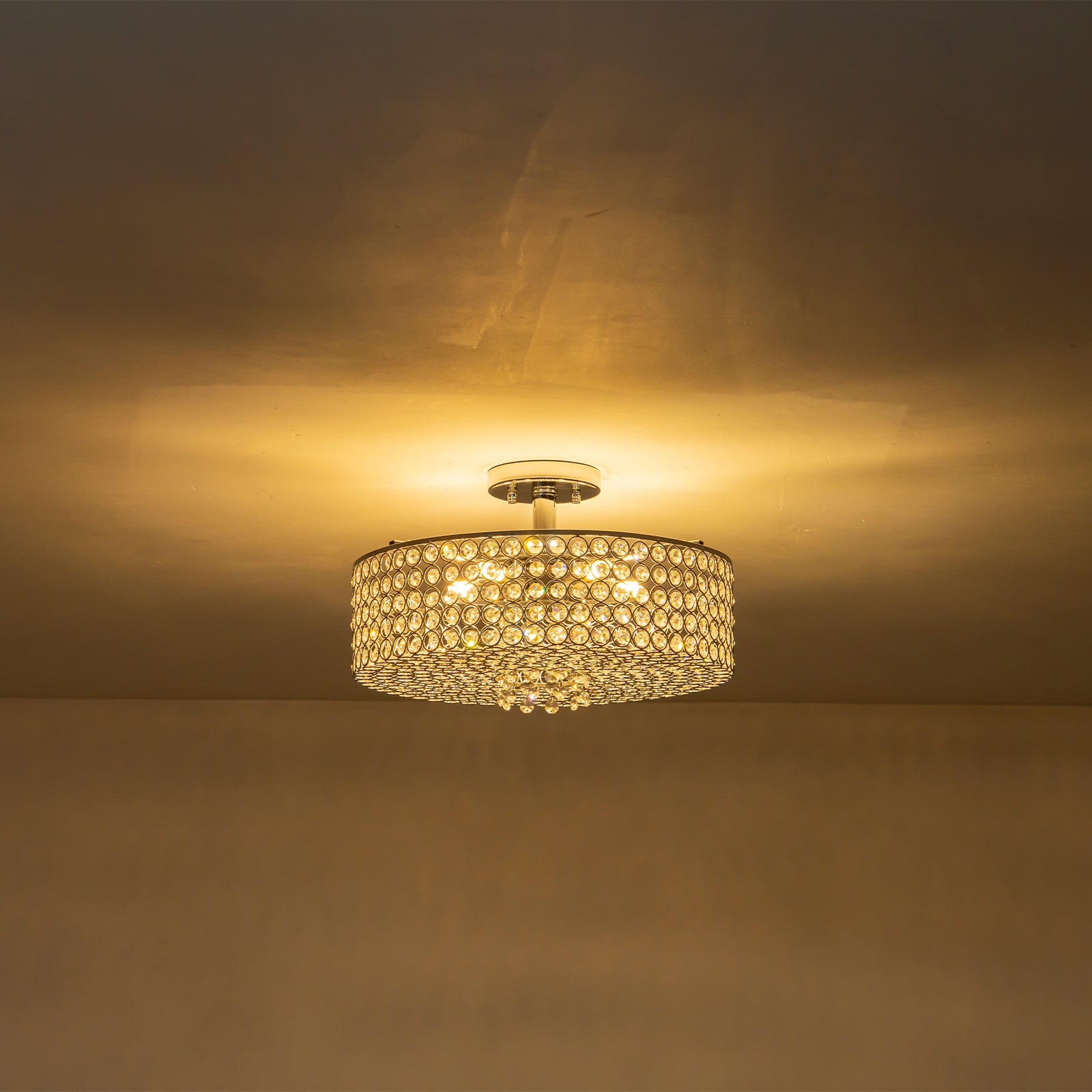 5-Light Chrome Round Modern Semi-Flush Mount Ceiling Light with Beaded Drum Crystal Shade for Living Room