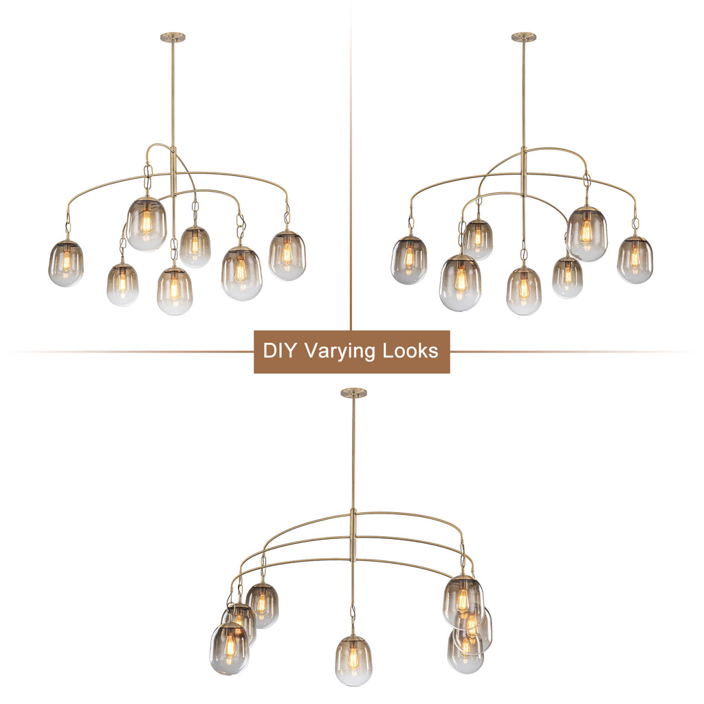 5/7-Light 2/3-Tier Antique Gold Metal Chandelier Pendant with Oval Glass Shades for Living Room, Kitchen Island