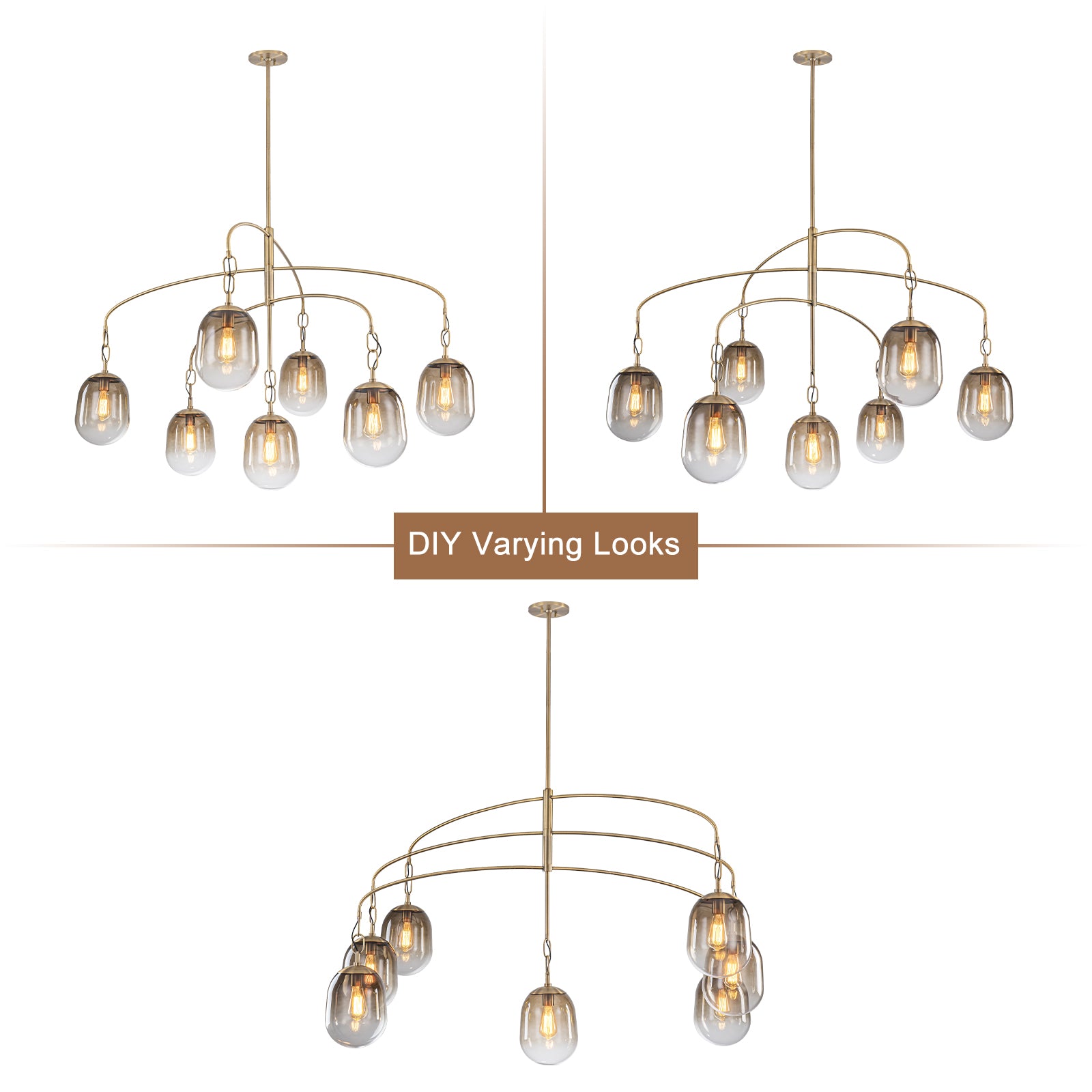 5/7-Light 2/3-Tier Antique Gold Metal Chandelier Pendant with Oval Glass Shades for Living Room, Kitchen Island