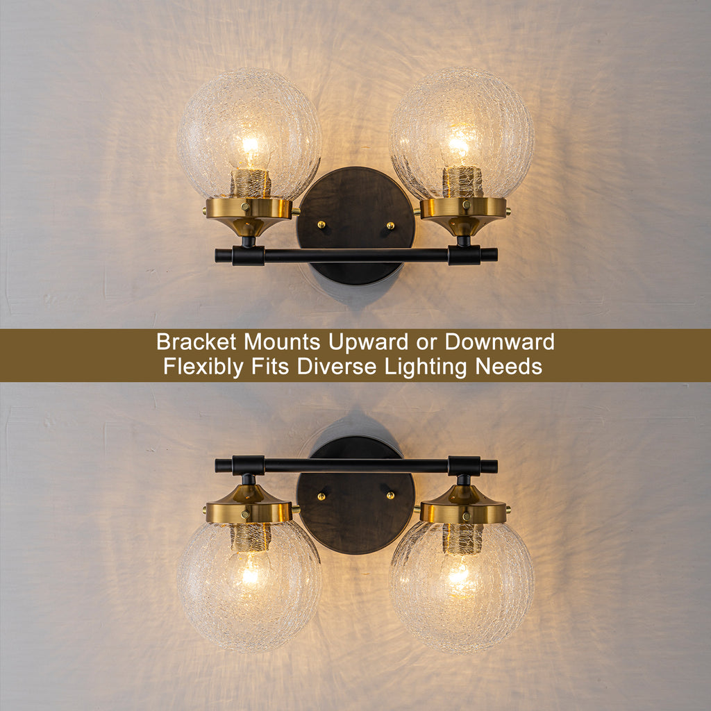 13.62 in. 2-Light Matte Black and Gold Metal Vanity Light with Clear Glass Shades for Bathroom