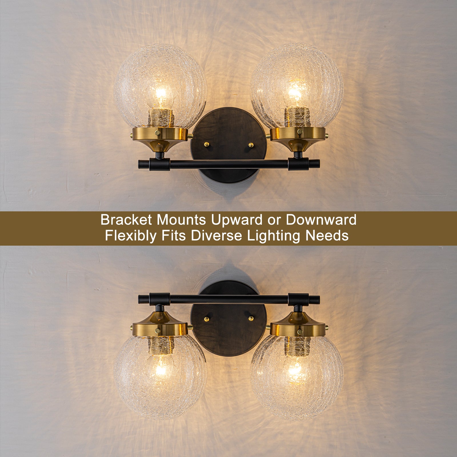 13.62 in. 2-Light Matte Black and Gold Metal Vanity Light with Clear Glass Shades for Bathroom