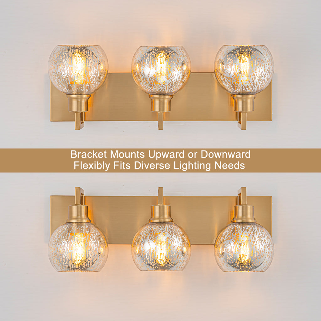20.47 in. 3-Light Modern Gold Metal Linear Bathroom Vanity Light with Globe Mercury Glass Shades