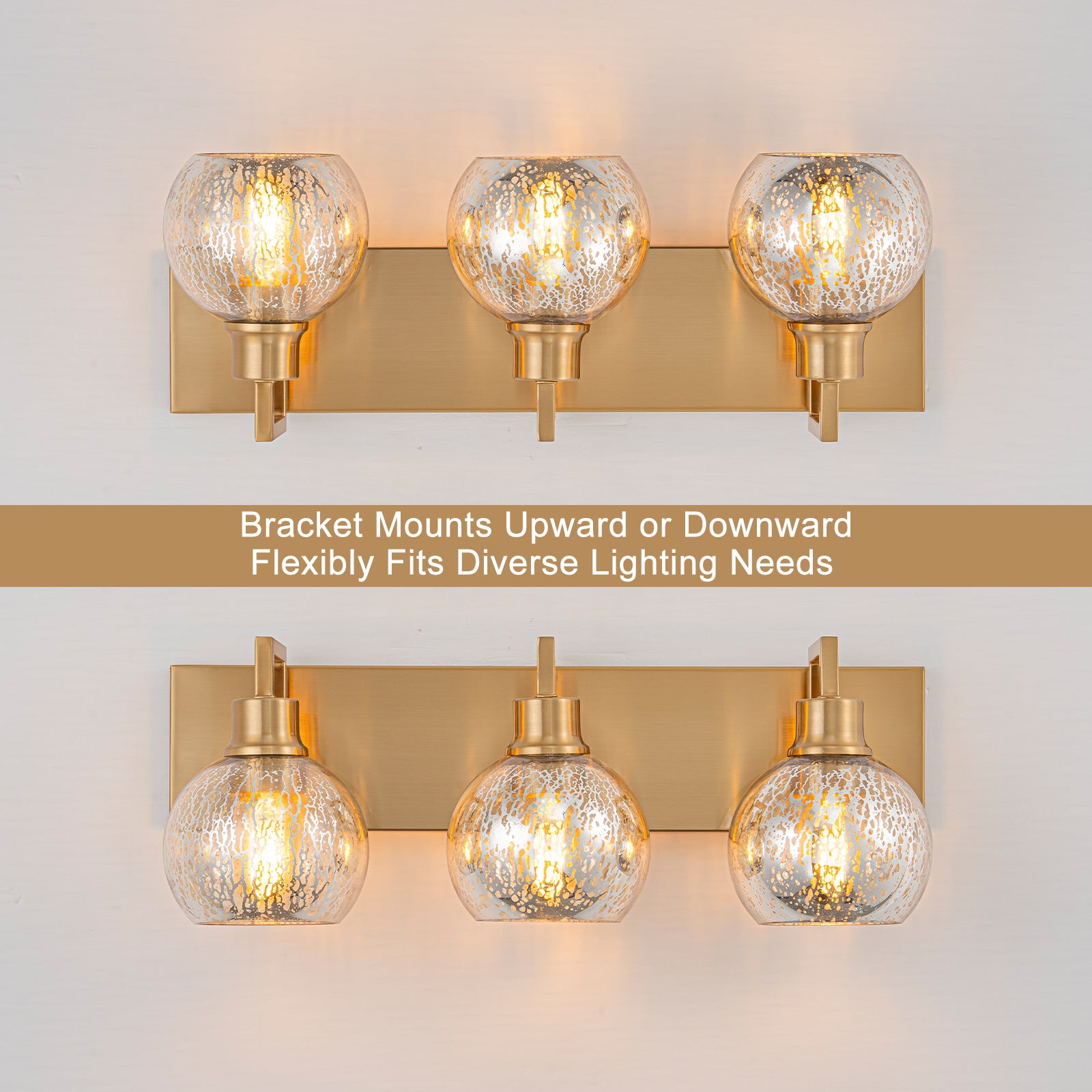 20.47 in. 3-Light Modern Gold Metal Linear Bathroom Vanity Light with Globe Mercury Glass Shades