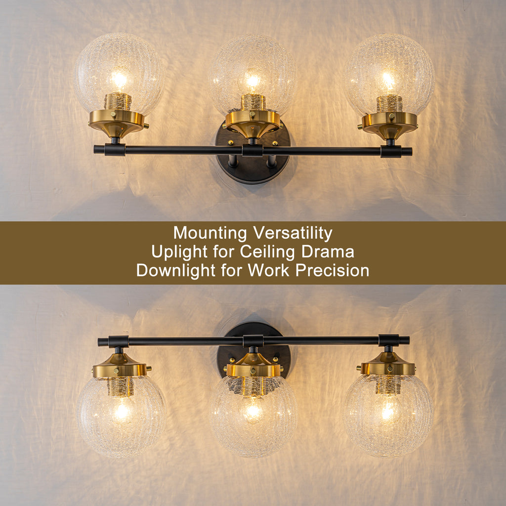 21.73 in. 3-Light Matte Black and Gold Metal Vanity Light with Clear Glass Shades for Bathroom