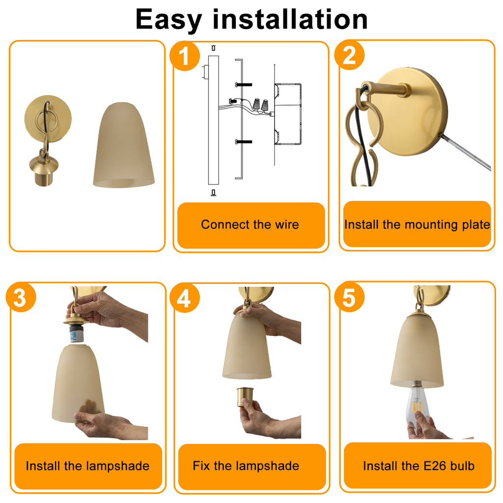6 in. 1-Light Modern Brass Wall Sconce with Bell Frosted Glass Shade for Bedroom, Living Room, Hallway