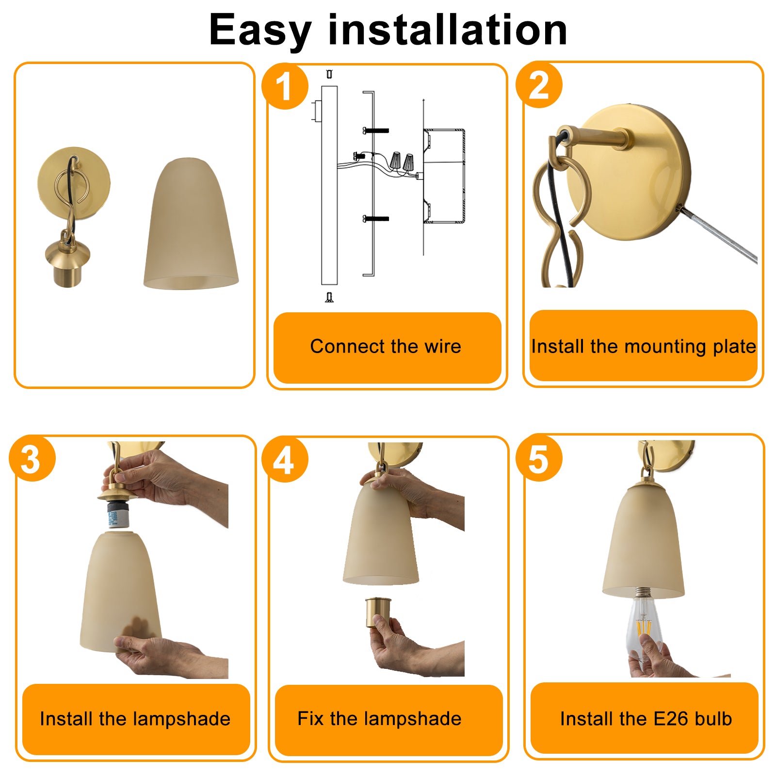 6 in. 1-Light Modern Brass Wall Sconce with Bell Frosted Glass Shade for Bedroom, Living Room, Hallway