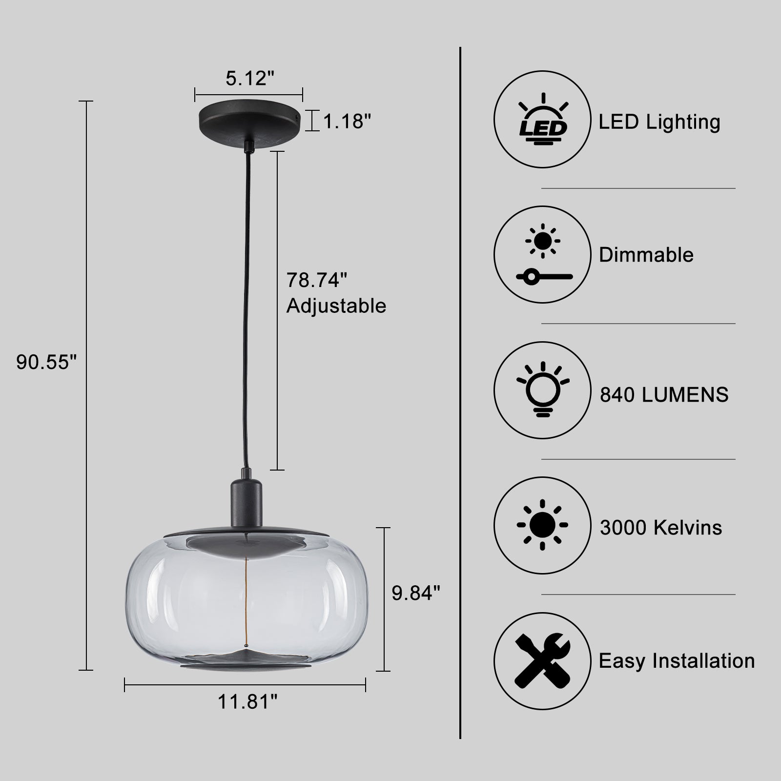 10-Watt 1-Light Modern Dimmable Integrated LED Pendant Light with Drum Shade for Kitchen Island