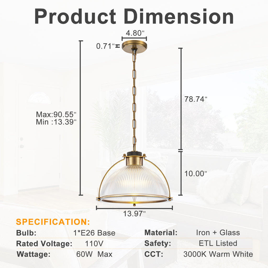 1-Light Industrial Brass Metal Dome Pendant Light with Clear Glass Shade for Kitchen Island, Dining Room