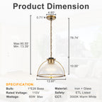 1-Light Industrial Brass Metal Dome Pendant Light with Clear Glass Shade for Kitchen Island, Dining Room