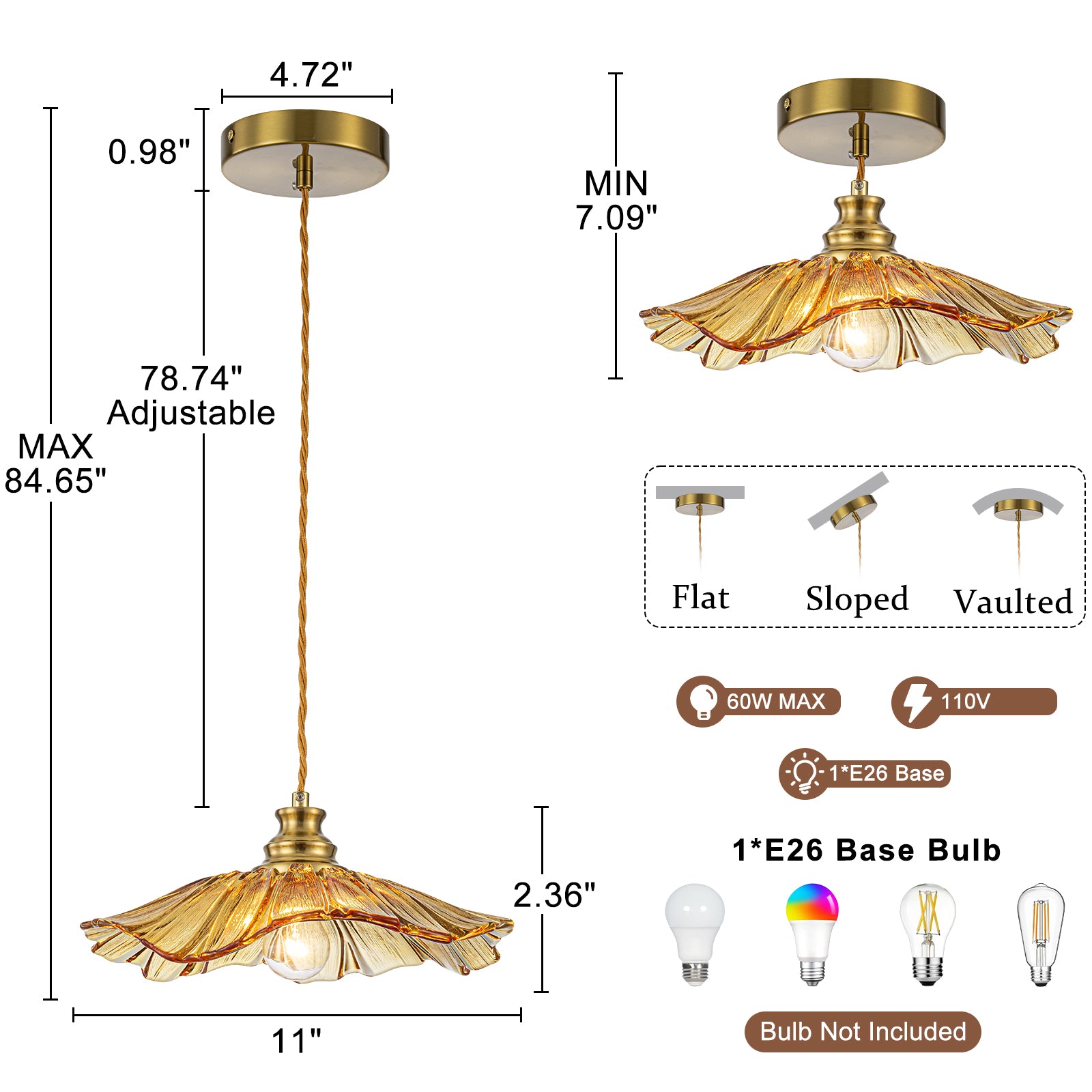 11.02 in. 1-Light Modern Pink Hanging Pendant Light with Flower Shaped Glass Shade for Bedroom, Kitchen Island