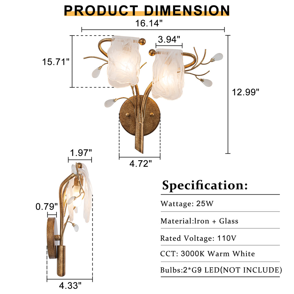 16.14 in. 2-Light Antique Gold Wall Sconce with Clouded Glass Shade, Bedroom Living Room Wall Light