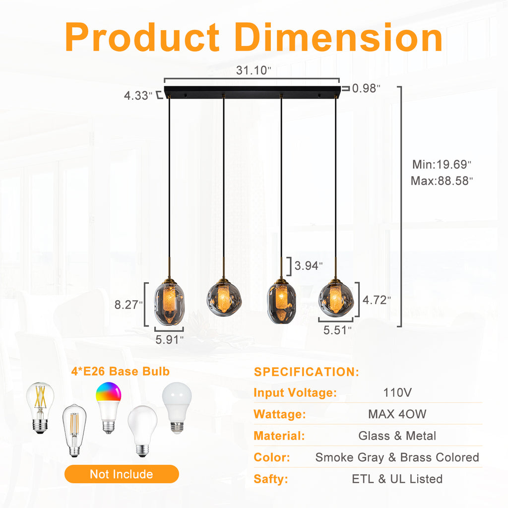 38.6 in. 4-Light Modern Black Linear Pendant Light with 2-Tier Glass Shades for Kitchen Island