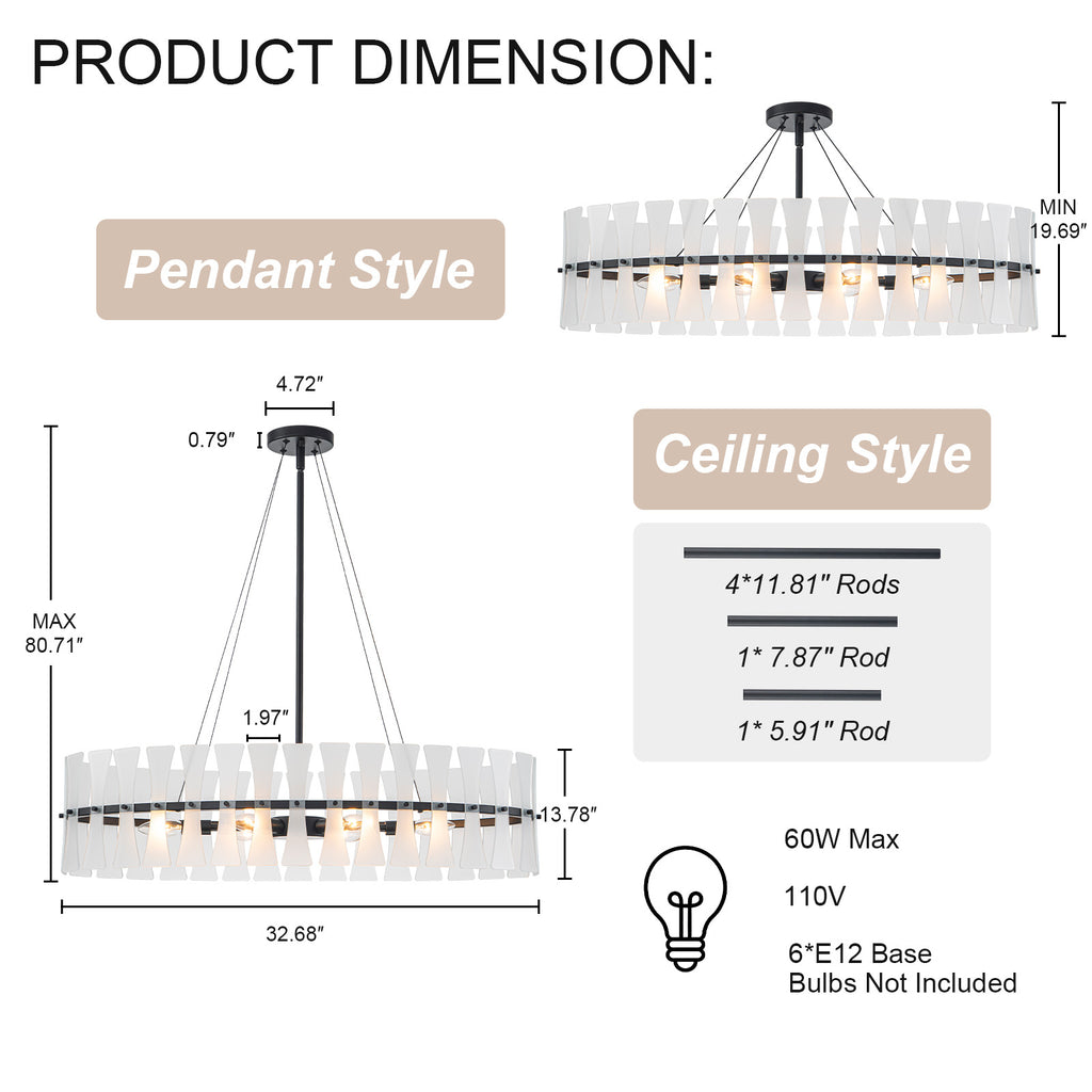 6 Light Oval Chandelier Frosted Dining Room Linear Kitchen Island