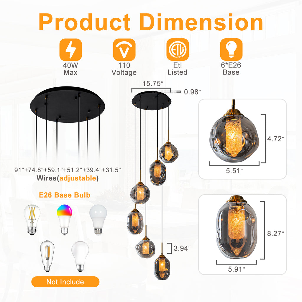 16 in. 6-Light Modern Black Staircase Chandelier Island Pendant Light with Smoky Gray Globe Glass Shade