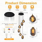 16 in. 6-Light Modern Black Staircase Chandelier Island Pendant Light with Smoky Gray Globe Glass Shade