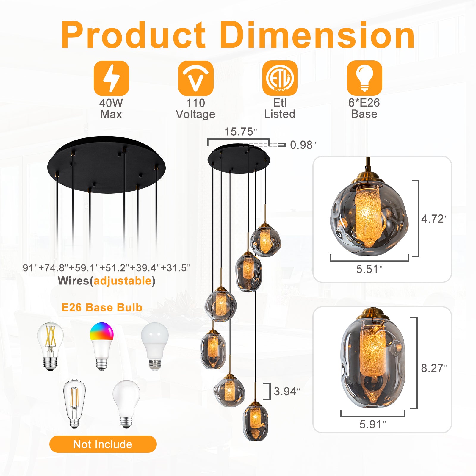 16 in. 6-Light Modern Black Staircase Chandelier Island Pendant Light with Smoky Gray Globe Glass Shade