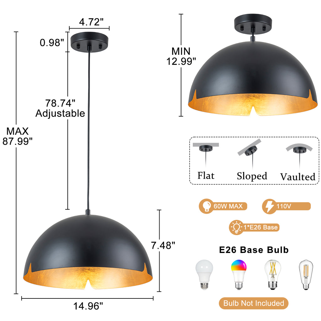 14.96 in. 1-Light Industrial Metal Black/White Dome Pendant Light with Iron Shade for Dining Rooms, Kitchens