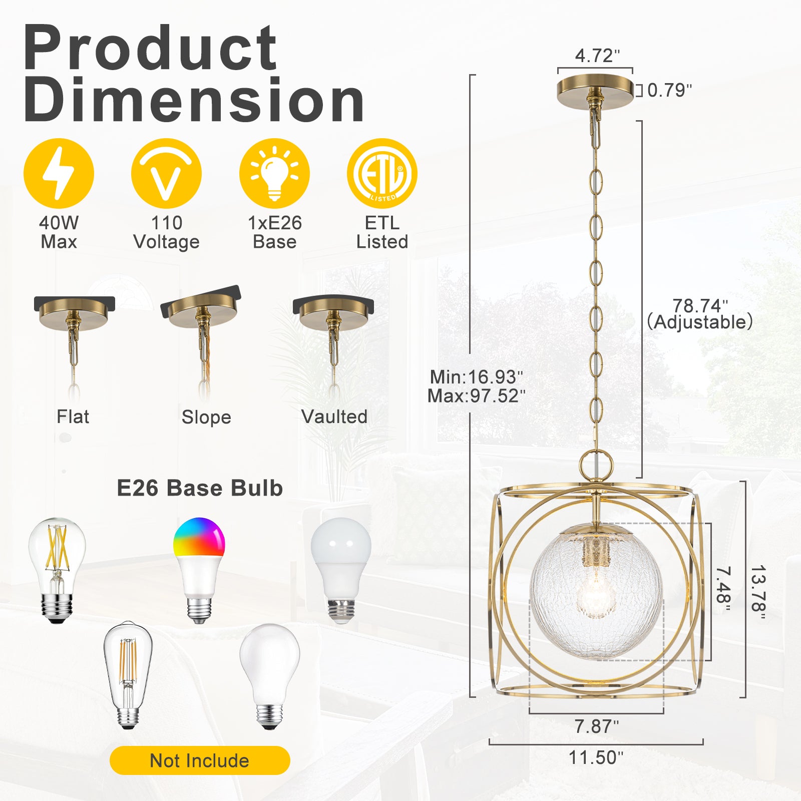 11.5 in. 1-Light Modern Copper Metal Pendant Light with Clear Crackle Globe Glass Shade for Kitchen Island, Dining Room