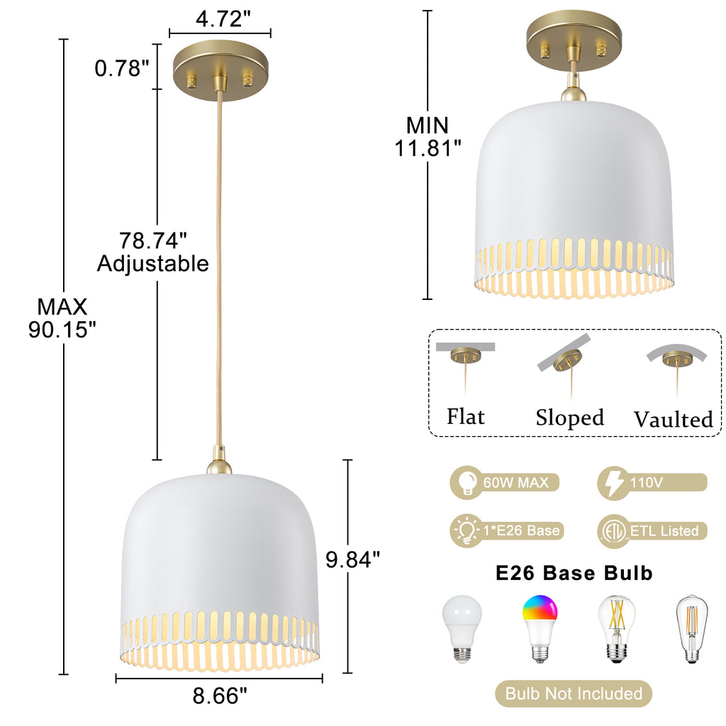 1-Light Gold Iron Semi-Domed Shape Pendant Light with Matte White Metal Shade Hollow Out Design for Living Room