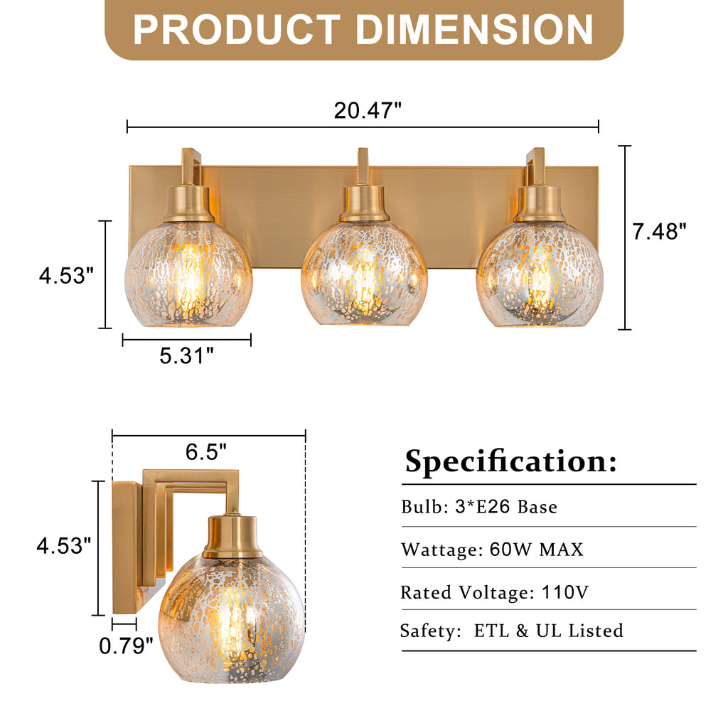 20.47 in. 3-Light Modern Gold Metal Linear Bathroom Vanity Light with Globe Mercury Glass Shades