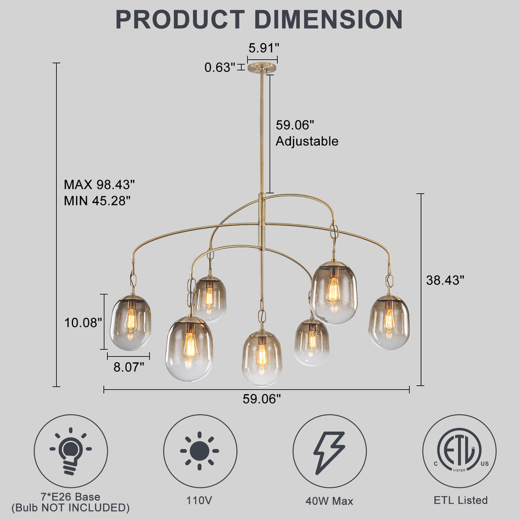 5/7-Light 2/3-Tier Antique Gold Metal Chandelier Pendant with Oval Glass Shades for Living Room, Kitchen Island
