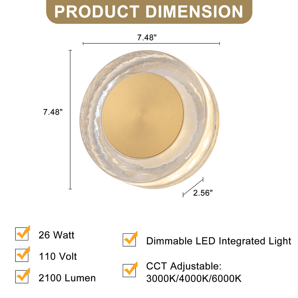7.48 in. Modern Brass Round Dimmable Integrated LED Wall Sconce Clear Glass Bathroom Vanity Light