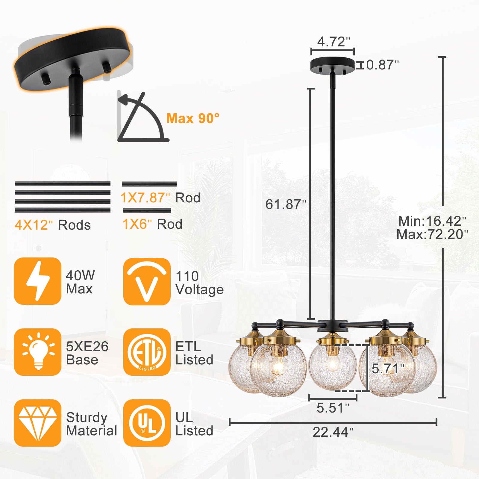 22.44 in. 5-Light Modern Black Branch Chandelier with Clear Cracked Glass Shades for Kitchen Island, Living Room