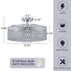 5-Light Chrome Round Modern Semi-Flush Mount Ceiling Light with Beaded Drum Crystal Shade for Living Room