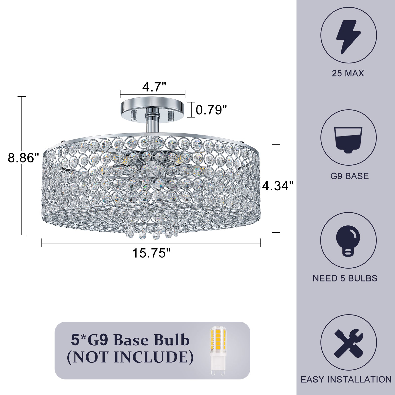 5-Light Chrome Round Modern Semi-Flush Mount Ceiling Light with Beaded Drum Crystal Shade for Living Room