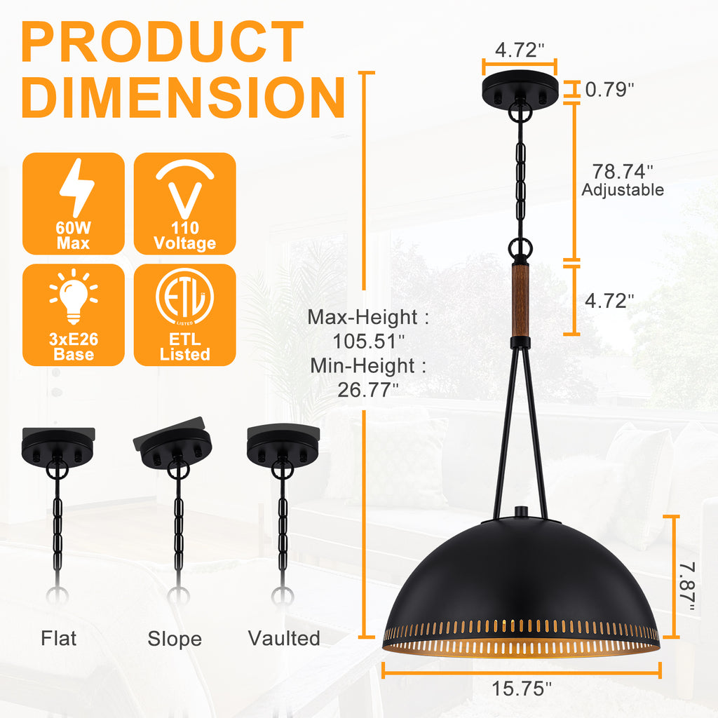 15.75 in. 3-Light Vintage Industrial Metal Dome Pendant Light Chandelier with Iron Shade for Kitchen, Dining