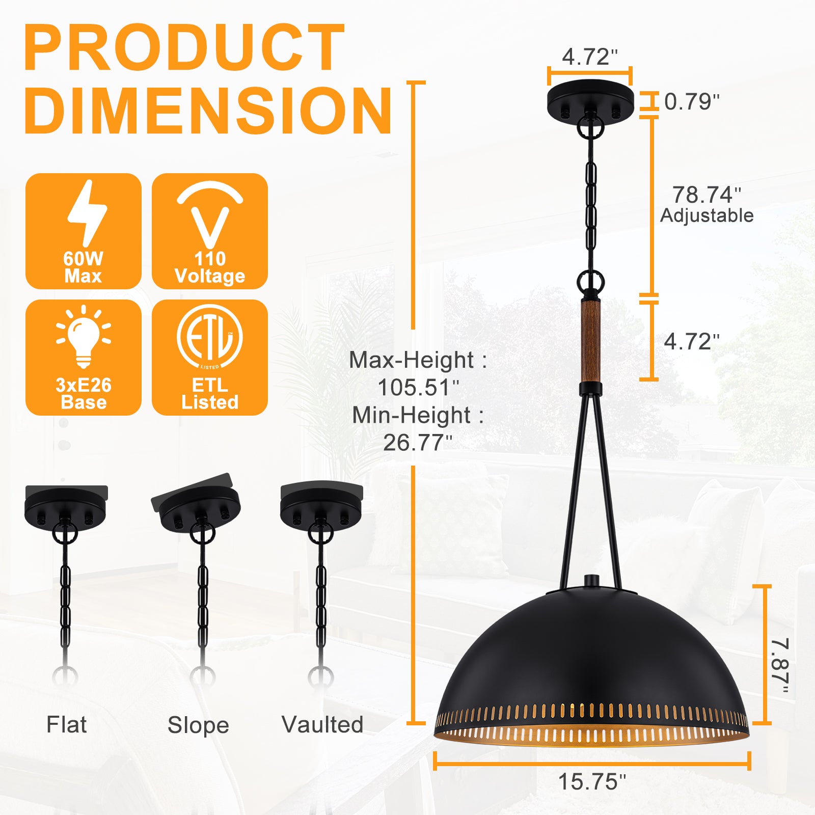 15.75 in. 3-Light Vintage Industrial Metal Dome Pendant Light Chandelier with Iron Shade for Kitchen, Dining