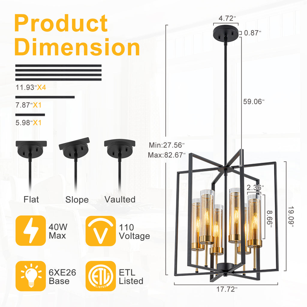 17.72 in. 6-Light Industrial Black Iron Geometric Chandelier with Clear Glass Shades for Kitchen Island Foyers Hallway