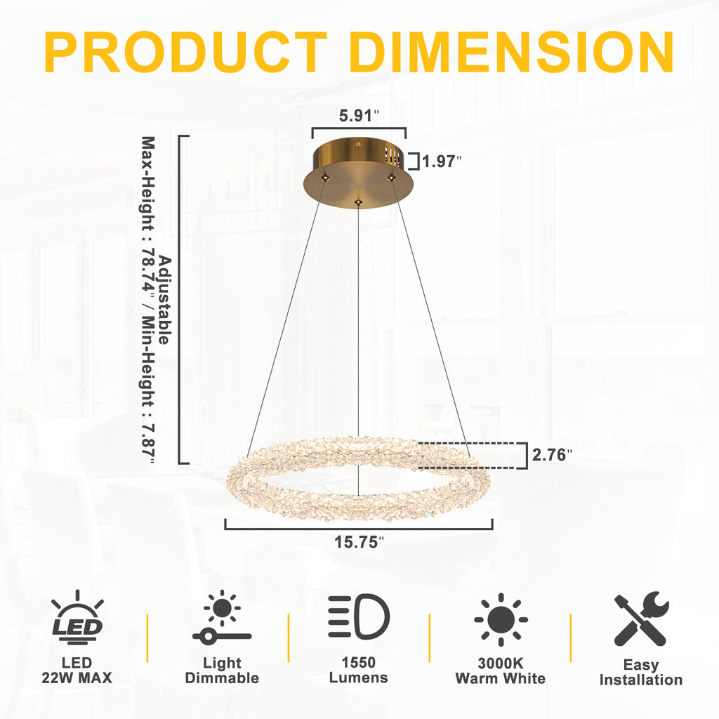 1-Light Modern Gold Metal Ring Crystal Integrated LED Pendant Light Dimmable Chandelier for Dining Room