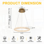 1-Light Modern Gold Metal Ring Crystal Integrated LED Pendant Light Dimmable Chandelier for Dining Room