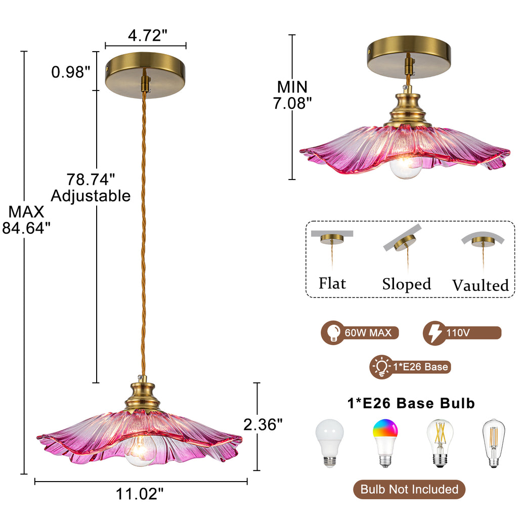 11.02 in. 1-Light Modern Pink Hanging Pendant Light with Flower Shaped Glass Shade for Bedroom, Kitchen Island