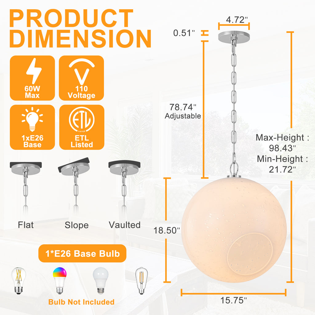 Chrome Modern Globe Hanging Pendant Light with White Bubble Glass Shade for Kitchen Island, Dining