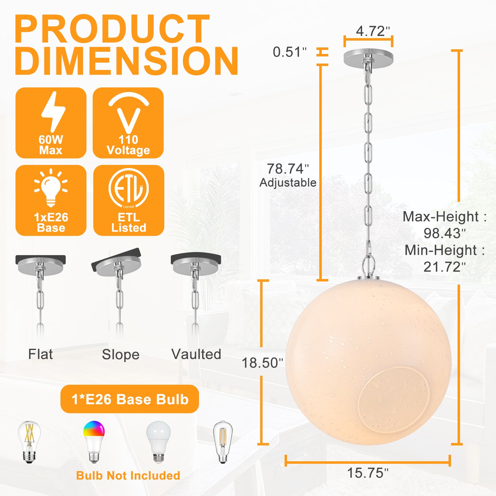 Chrome Modern Globe Hanging Pendant Light with White Bubble Glass Shade for Kitchen Island, Dining