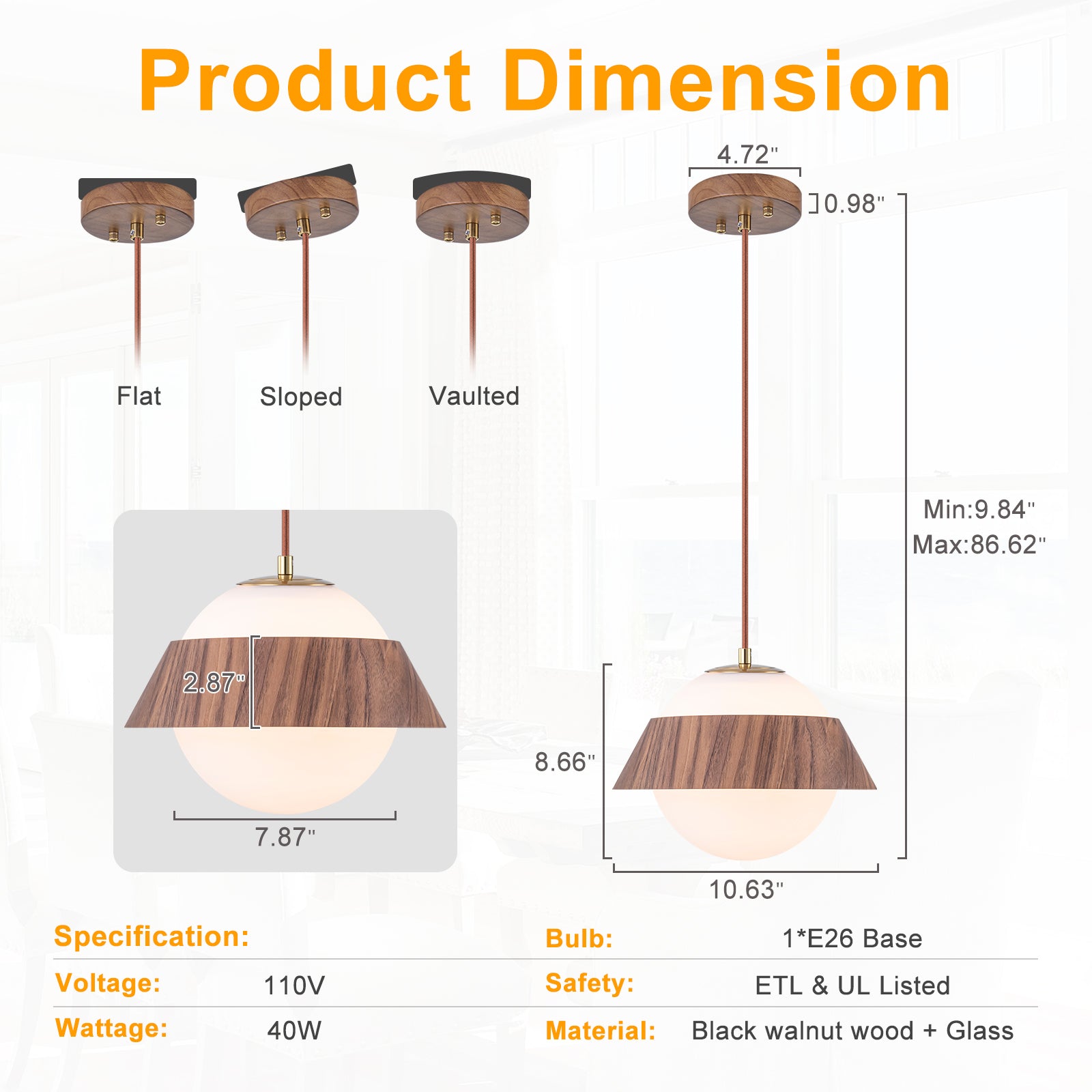 10.63 in. 1-Light Wooden Globe Hanging Pendant Light with White Glass Shade for Kitchen Island, Bedroom
