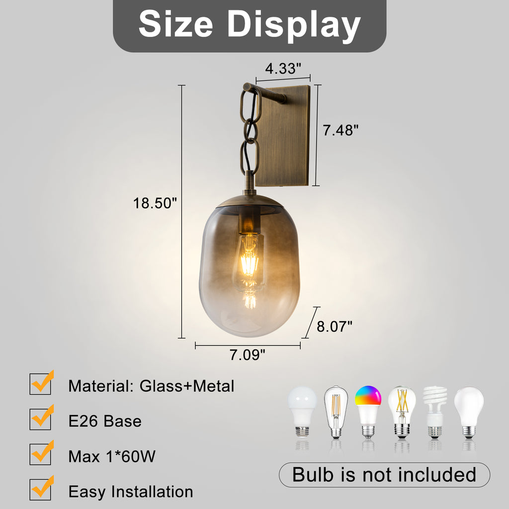 7.09 in. 1-Light Antique Metal Wall Sconce with Oval Gradient Color Glass Shade for Bedroom, Bathroom, Hallway